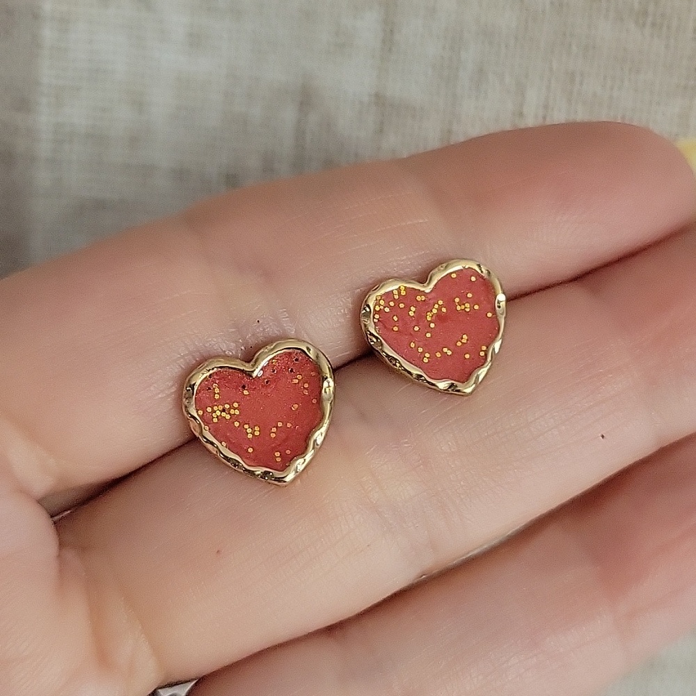 Gold and Berry Red Shimmer Heart Stud Earrings